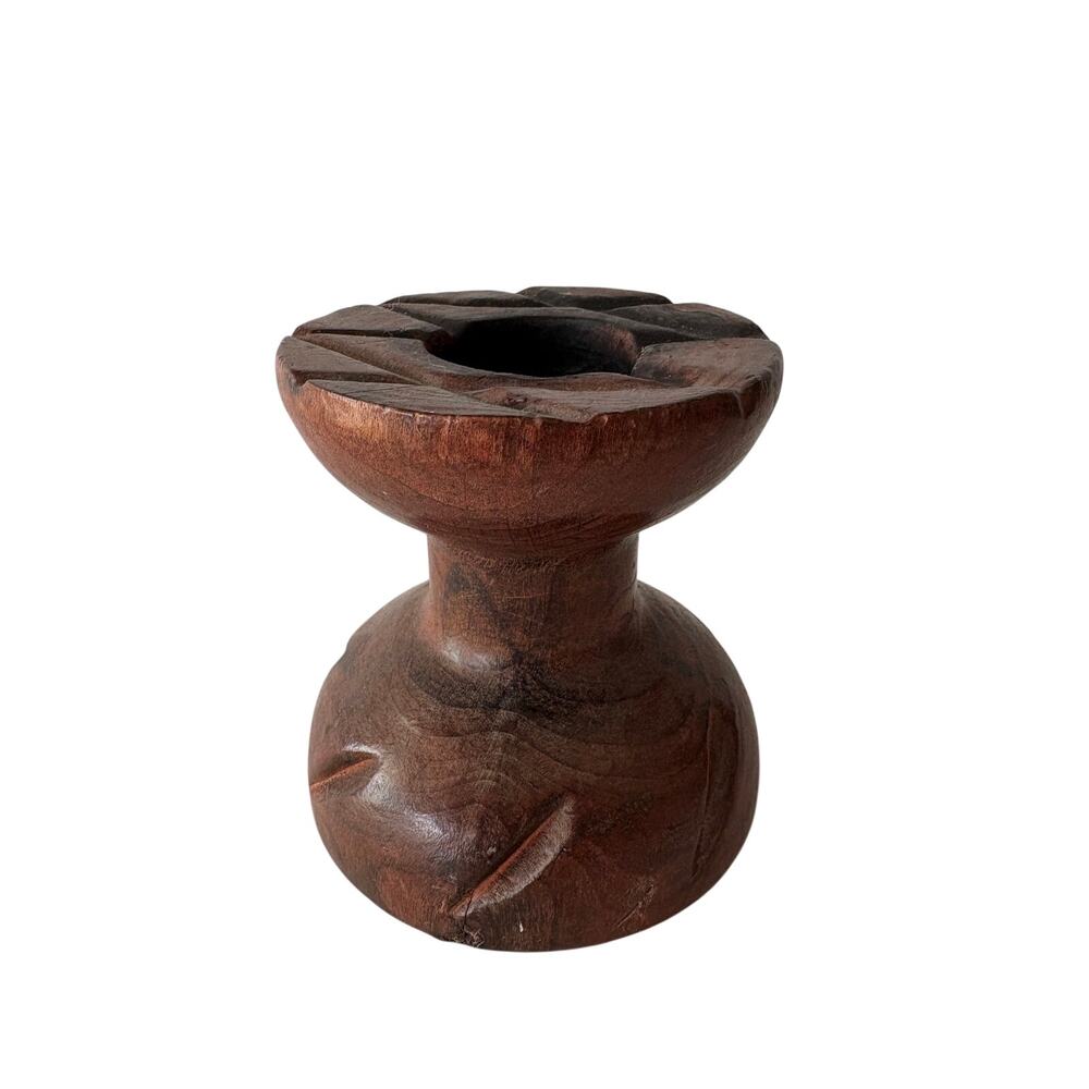 Vintage Hand Carved Wood Lotus Flower Candle Holder Boho MCM Decor 4.25”